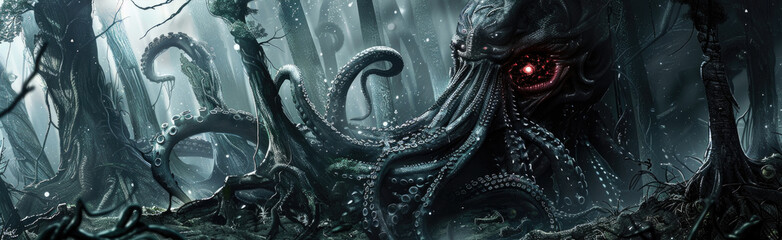A mythical kraken with glowing eyes rises from the ocean, tentacles enveloping the murky waters amid a backdrop of twisted trees