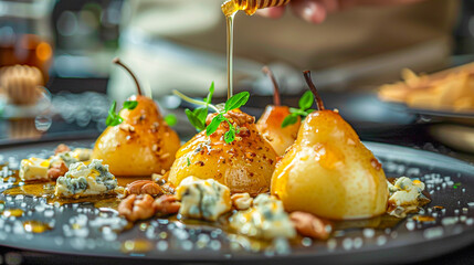 Honey drizzles over poached pears with cheese and nuts on a black plate, with a chef in the background. - obrazy, fototapety, plakaty