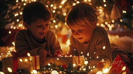 Obraz na płótnie Canvas Festive Children Opening Christmas Gifts