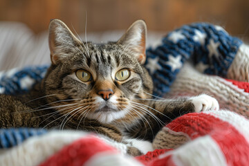Funny cat  with big America USA  flag celebrates 4th of July Independence Day