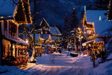 A snowy winter village at dusk with festive Christmas lights and decorations, inviting a warm, magical holiday atmosphere.