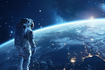 Orbital Perspective: Astronaut Contemplates the Earth's Horizon from Space's Serenity - obrazy, fototapety, plakaty