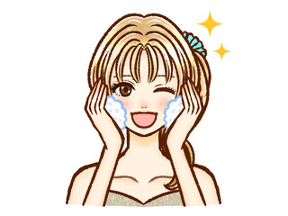 洗顔するポニーテールの大人女性のイラスト素材