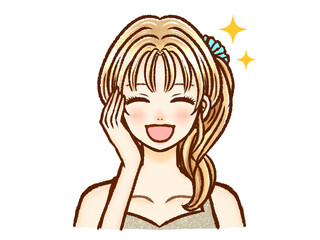 頬に手を当てて喜ぶポニーテールの大人女性のイラスト素材