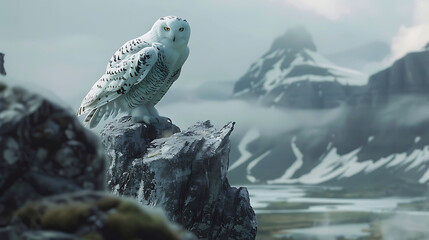 Snowy owls perched on rocky outcrops