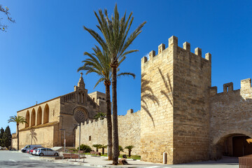 The roman catholic church of Sant Jaume in the medieval walled city of Alcudia, Mallorca, Spain,...