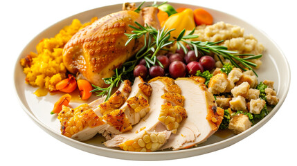 Thanksgiving dinner dishes on plate isolated on a white background