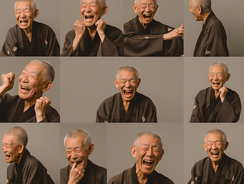 A muted color photograph shows an elderly Japanese man with short grey hair, smiling and laughing in various poses. The images are arranged as if on the front page of his photo album, showing him from