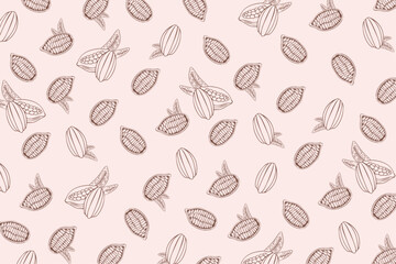 Cacao hand draw pattern on beige background. Outline fruit with leaves. Vector illustration. Cafe, coffee