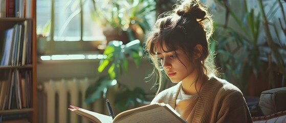 A young woman studying at home: reading and taking notes for schoolwork. Concept Home Study, Reading, Note-Taking, Young Woman, Schoolwork - obrazy, fototapety, plakaty