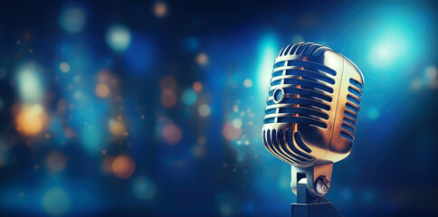 Retro Microphone On Stage Under Blue Spotlight. Generative AI - obrazy, fototapety, plakaty