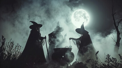 Silhouetted figures in witches' attire concocting a brew under a full moon.