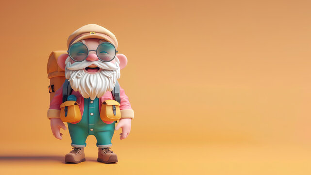 Cartoon senior tourist explorer with backpack, hiking traveller