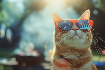 Funny cat wearing sunglasses with America USA flag on lens, central park barbeque on the background, 4 July Independence Day celebration