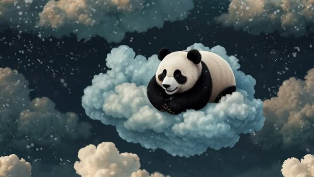 Cute baby panda is sleeping peacefully on a starry cloud, seamless looping animation video background 