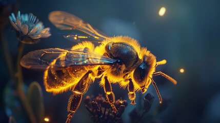 A close-up of a bee with translucent wings, pollinating a flower that glows from within. - obrazy, fototapety, plakaty