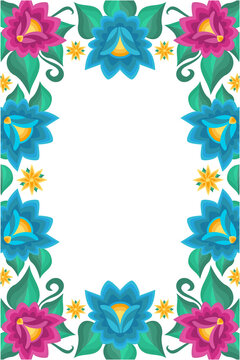 Marco bordado flores México ilustración, azul y morado, transparencia