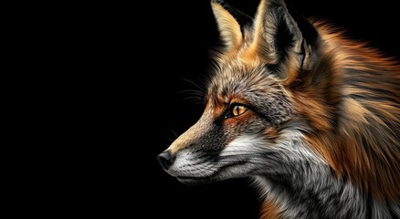 Fototapeta premium portrait of a red fox, photo studio setup with key light, isolated with black background and copy space 