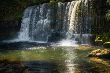 Sunlight bathes a serene waterfall cascading into a tranquil pond, framed by lush foliage.