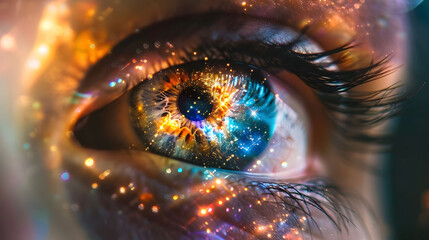 A close-up of an eye that reflects an entire galaxy, a window to the universe. - obrazy, fototapety, plakaty