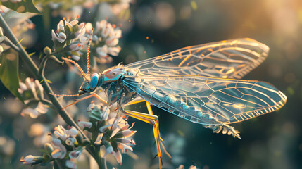 A close-up of an insect with transparent wings, through which a detailed landscape is visible. - obrazy, fototapety, plakaty
