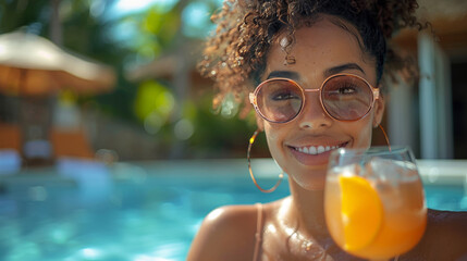 Close-up portrait of a smiling african american woman with cocktail in swimming pool