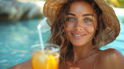 Close up portrait of beautiful young woman drinking orange juice in swimming pool