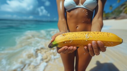 Young woman holding a banana on the beach, close-up