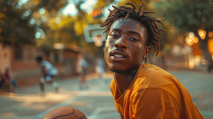 Young african american man with dreadlocks playing basketball outdoors