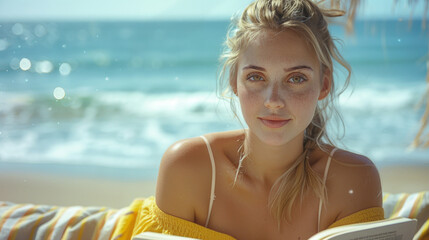 Beautiful young woman reading a book on the beach on a sunny day