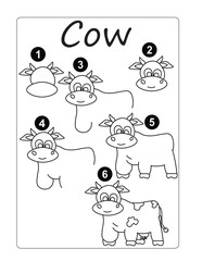 Obraz premium Drawing tutorial a cute cow. Drawing lesson for children.