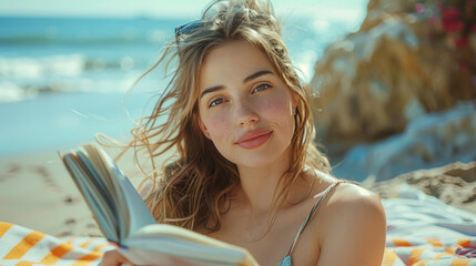 Portrait of a beautiful young woman reading a book on the beach