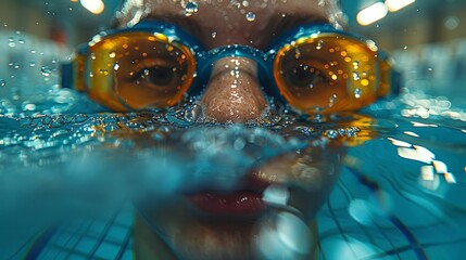 Underwater shot of a man swimming in a pool wearing goggles and cap
