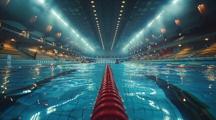 Swimming pool with red and blue lights in a sports center