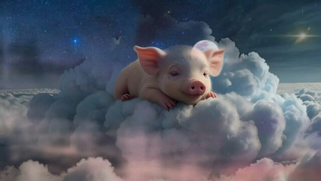 Cute baby pig is sleeping peacefully on a starry cloud, seamless looping animation video background 