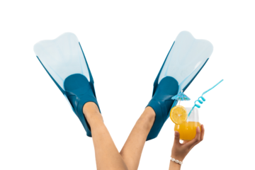 closeup legs adorned with blue diving fins, with a PNG hand holding a summer cocktail. This image captures the essence of leisure and relaxation associated with beach activities on empty background