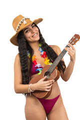 PNG portrait closeup Smiling hispanic woman in bikini playing the ukulele on transparentbackground