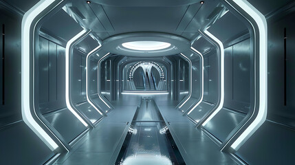 an ultra-modern, sci-fi interior with a sleek and symmetrical design.