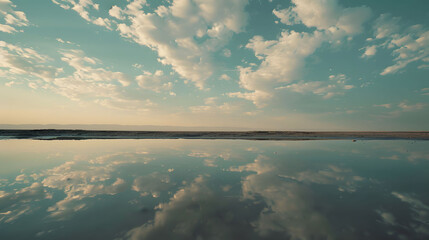 A landscape where the ground is a mirror, reflecting the sky above perfectly.