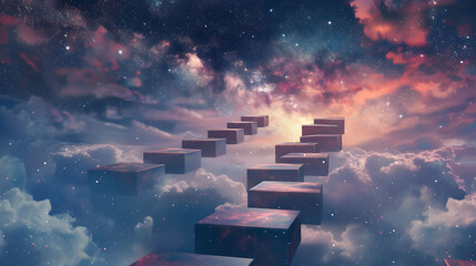 A maze of floating stairs leading to various dimensions, under a starry sky. - obrazy, fototapety, plakaty