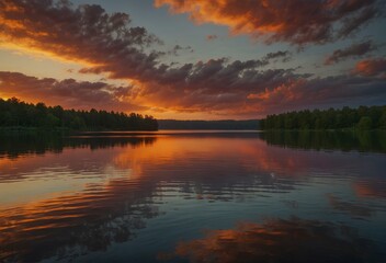 Fototapeta na wymiar Tranquil Bliss: Captivating Vibrant Sunset Over Serene Lake