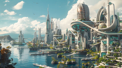 A panorama of a city where the architecture is a blend of organic and futuristic designs. - obrazy, fototapety, plakaty