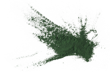 Organic spirulina powder, raw isolated on white, top view	