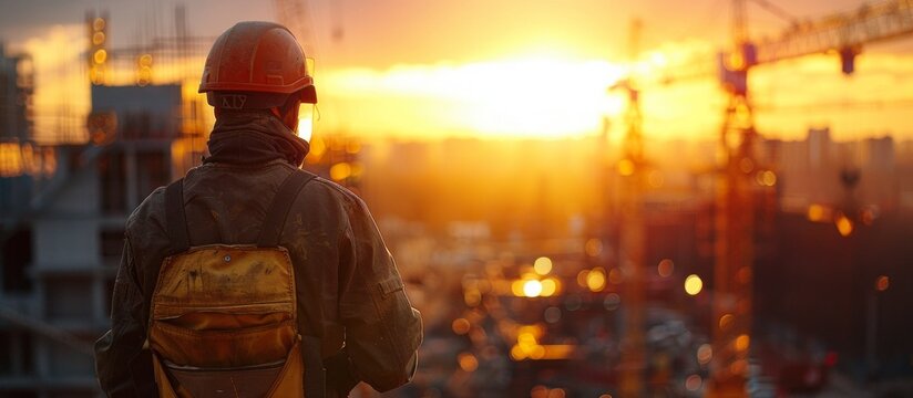 Construction Worker, Looking Out Over A Bustling Construction Site At Sunset, Safety Gear