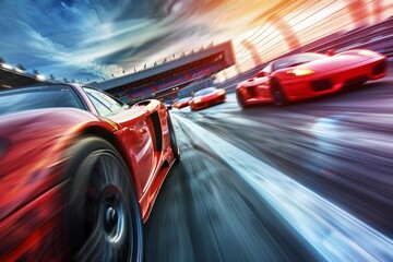 High-speed race car racing towards the victory. Exciting competition concept. - obrazy, fototapety, plakaty