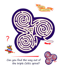 Best labyrinths. Can you find the way out of the triple Celtic spiral? Logic puzzle game. Brain teaser book with maze. Kids activity sheet. Educational page for children. Vector cartoon illustration.