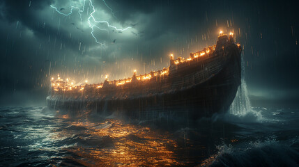 Noah's Ark amidst the pouring rain during the flood ,  Ai generated image