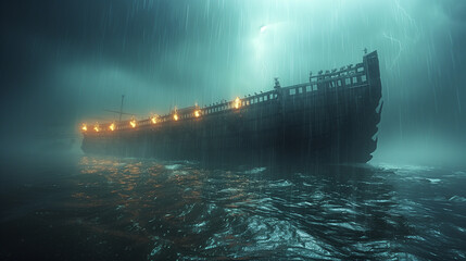 Noah's Ark amidst the pouring rain during the flood ,  Ai generated image - obrazy, fototapety, plakaty