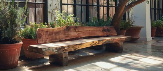 A wooden bench in front of a tree