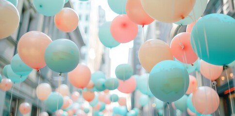 Fototapeta na wymiar Urban Charm Pastel Balloons Grace the City Skyline